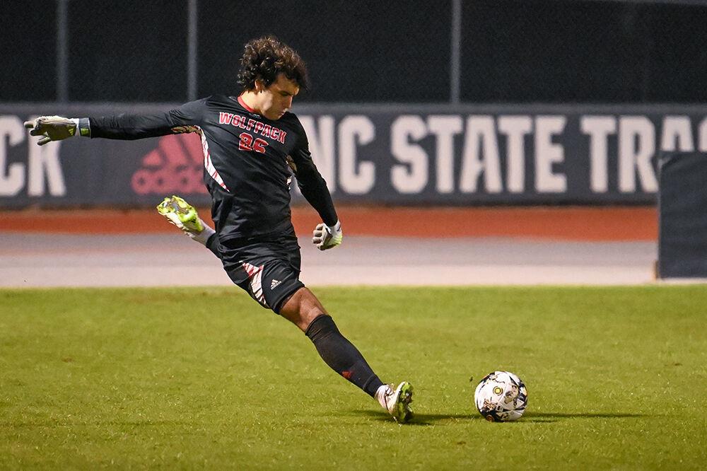 Freshman goalkeeper Samuel Terranova kicks the ball towards teammates in the match against High Point at Dail Soccer Field on Tuesday, Oct. 17, 2023. Terranova made four saves in his first home start. The match between NC State and High Point ended with a score of 0-0.