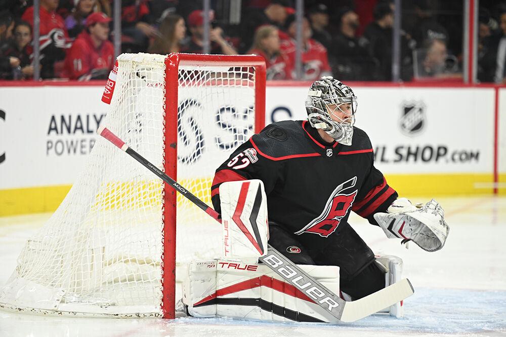 Carolina goaltender Pyotr Kochetkov defends the Hurricanes' net during the home game against the Tampa Bay Lightning in PNC Arena on Tuesday, March 28, 2023. The Lightning beat the Canes 4-0.