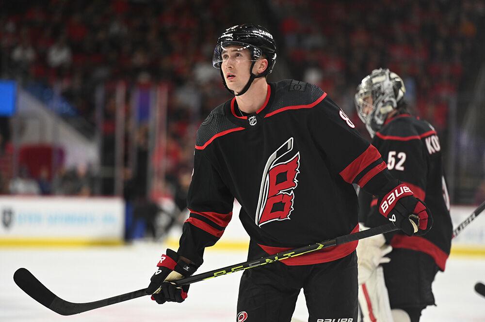 Carolina centreman Martin Necas skates back onto the ice during a stoppage of the Hurricanes' home game against the Tampa Bay Lightning in PNC Arena on Tuesday, March 28, 2023. The Lightning beat the Canes 4-0.
