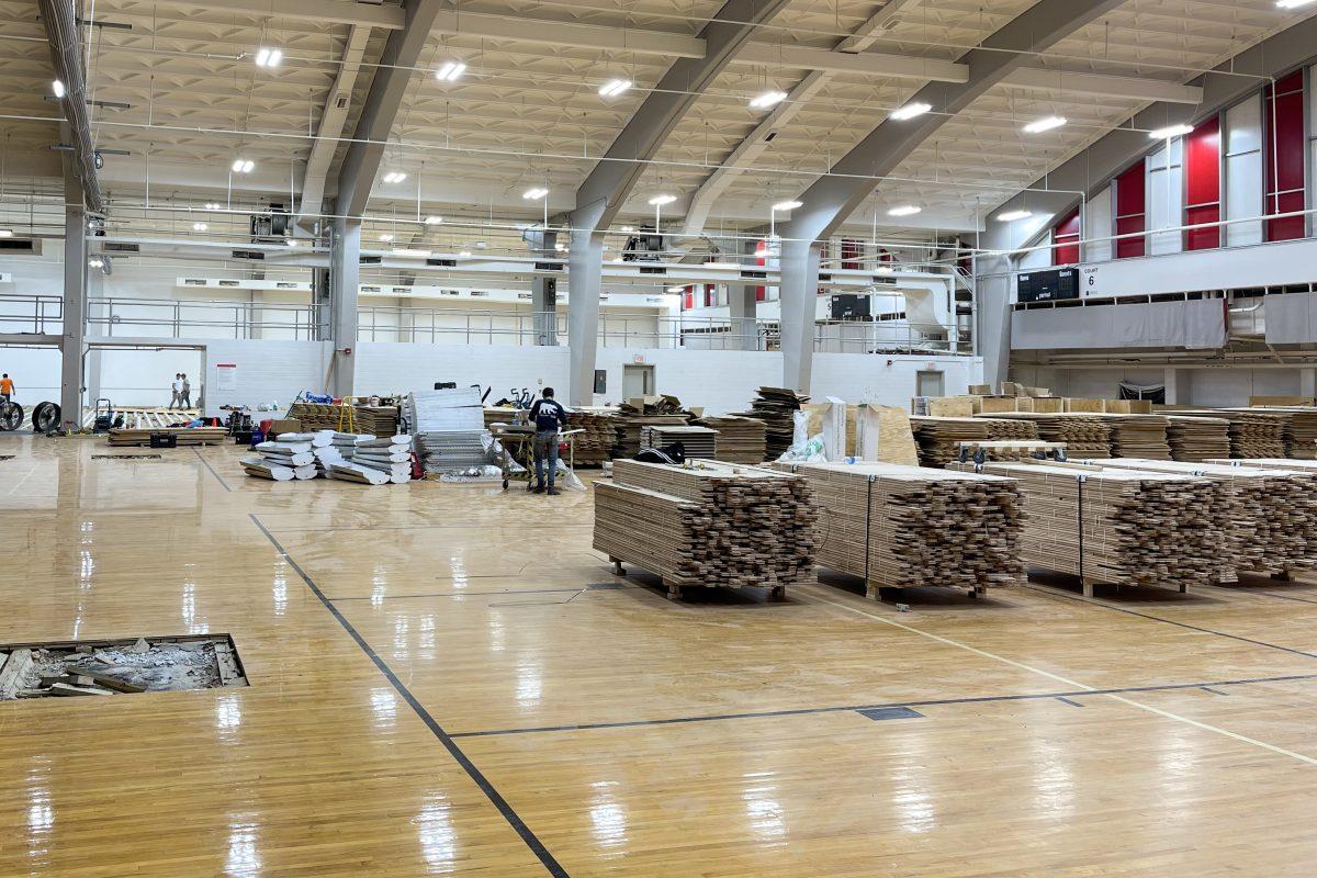 Construction materials sit in Carmicheal Gym on Friday, Oct. 20, 2023. The materials are going toward remodeling the multipurpose courts.