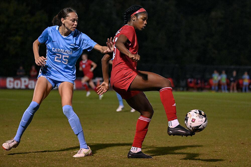 Senior forward Jameese Joseph settles the ball during the match against UNC-Chapel Hill on Saturday, Sept. 30, 2023. Joseph had two shots with one being on goal. NC State lost 4-0 to Chapel Hill.