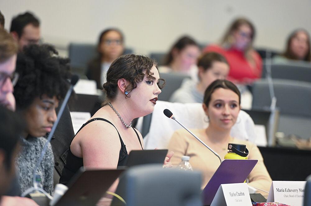 Marlee Charlton, a fourth-year studying political science and chief justice for the student senate, speaks during the student senate meeting in Talley Student Union on Wednesday, Feb. 1, 2023. The 102nd session student senate is composed of 72 students that represent each school and college at NC State.