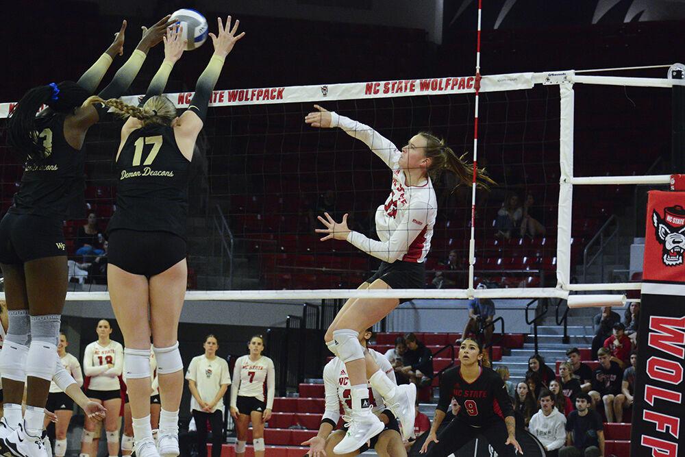 Sophomore outside hitter Courtney Bryant spikes the ball during the match against Wake Forest in Reynolds Coliseum on Friday, Oct. 13, 2023. Bryant had 11 kills. The Wolfpack defeated the Demon Deacons 3-1.