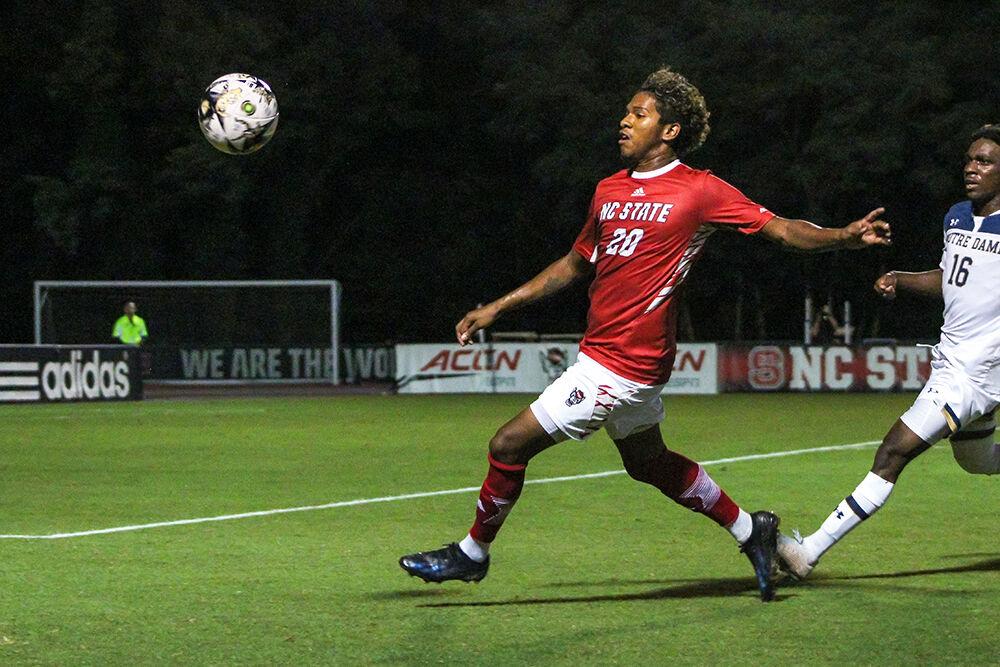 Sophomore defender Jonathan Cisneros takes the ball down the field during the home soccer game against Notre Dame at Dail Soccer Field on Oct. 1, 2023.&#160;NC State was defeated by Notre Dame 3-1.