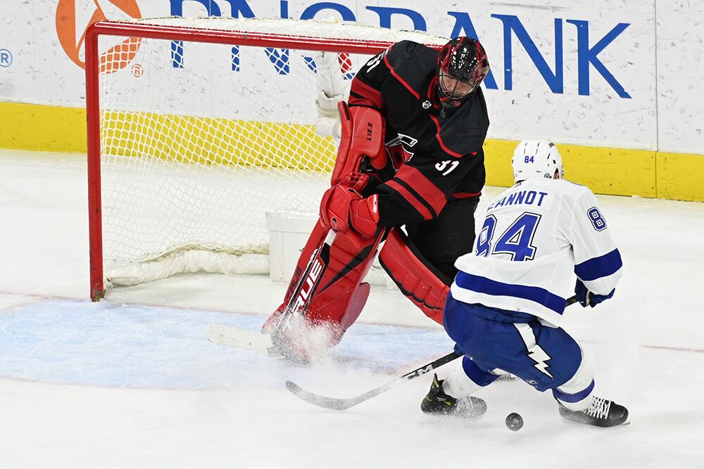 Carolina goaltender Frederik Andersen clears the puck during the Hurricanes' home game against the Tampa Bay Lightning in PNC Arena on Sunday, March 5, 2023. The Canes beat the Lightning 6-0.