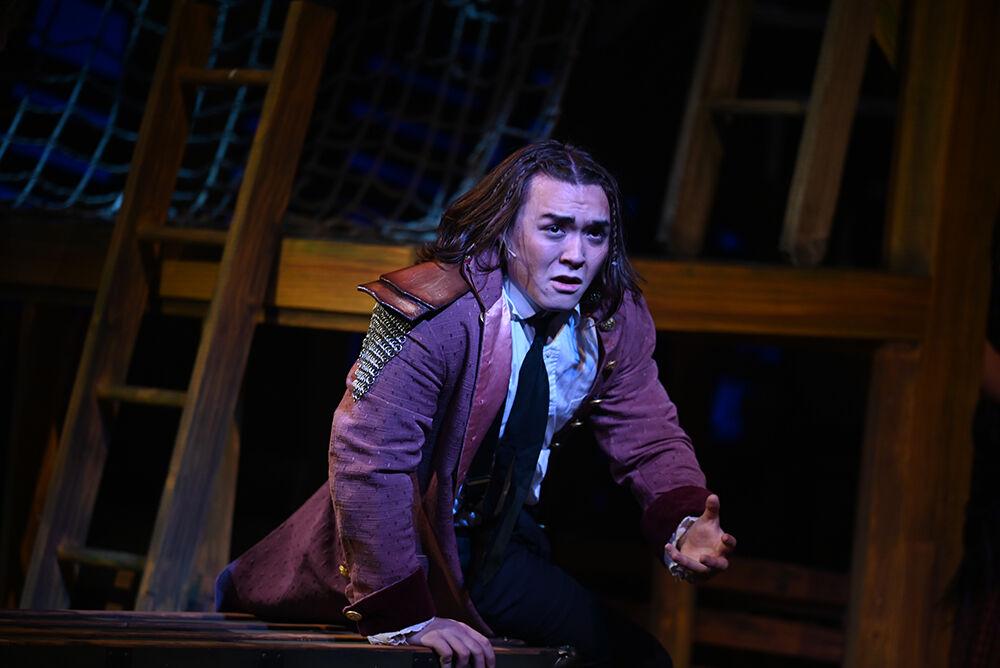 Ryan Lim, a second-year studying food science, plays Bill Slank, Mermaid during the dress rehearsal for NC State University Theatre's performance of "Peter and the Starcatcher" at Titmus Theatre on Wednesday, Oct. 18., 2023. "Peter and the Starcatcher" is a whimsical and imaginative prequel to Peter Pan, exploring the adventures that lead Peter to Neverland.