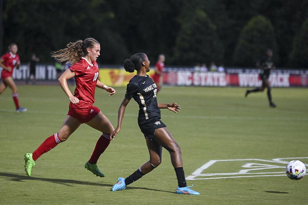 Sophomore midfielder Annika Wohner sprints after the ball during the match against Wake Forest on Sunday, Sept. 18, 2022 at Dail Soccer Field. NC State beat Wake Forest 2-1.