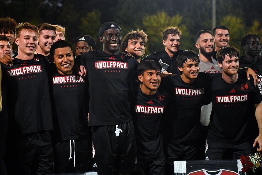 The NC State men's soccer team poses for a photo during the senior night celebrations before the match against Clemson at Dail Soccer Field on Friday, Oct. 27, 2023. NC State and Clemson tied 1-1.