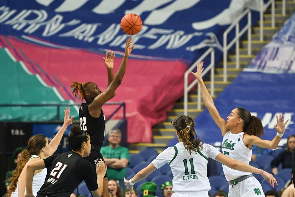 Sophomore guard Saniya Rivers shoots a jump shot at the game against Notre Dame in Greensboro Coliseum on Friday, March 3, 2023. Rivers scored 14 points and the Wolfpack lost to the FIghting Irish 66-60.