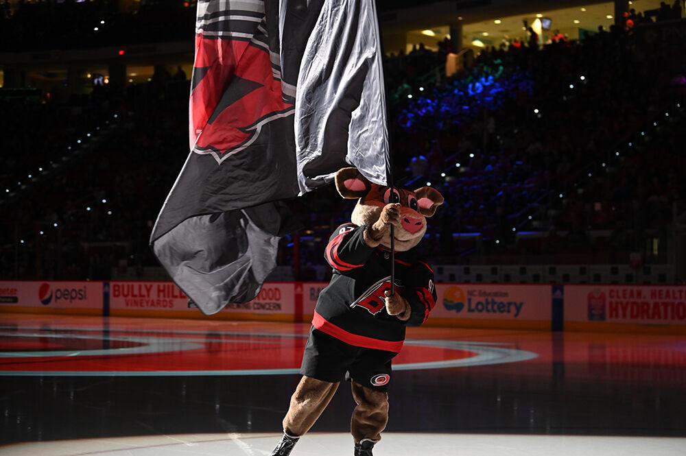 Stormy, the Carolina mascot, waves a flag on the ice before the Carolina Hurricanes' home game against the San Jose Sharks in PNC Arena on Friday, Jan. 27, 2023. The Canes came from behind by scoring three unanswered goals and beat the Sharks 5-4 in overtime.
