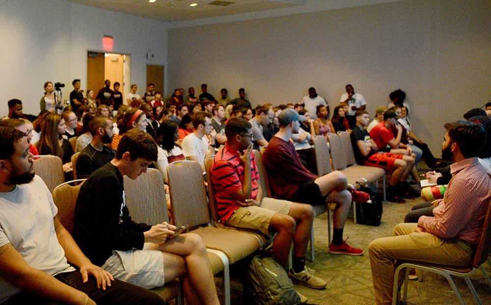 NC State students listen to speakers talk about the importance of celebrating Native American People in place of Columbus Day at Talley Student Union 3285 on October 14, 2019 for Indigenous Peoples Day. Multicultural Student Affairs and Native Space Living and Learning Village held a panel exploring the various experiences and perspectives of Native Americans with different backgrounds.