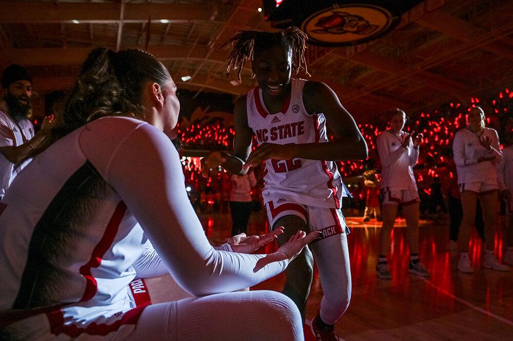 Junior guard Saniya Rivers gets called during starting lineups before the game versus the UConn Huskies in Reynolds Coliseum on Sunday, Nov. 12, 2023. Rivers had a double double against UConn, scoring 33 points and having 10 rebounds. The Wolfpack beat the Huskies 92-81.