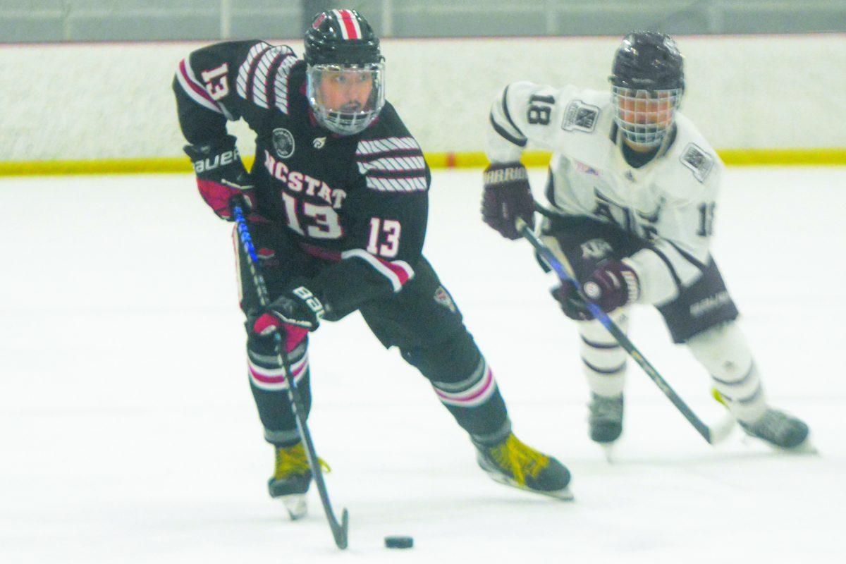 Junior defender Nick Librizzi keeps the puck away from his opponets during the game against Texas A&amp;M in the Invisalign Arena on Saturday, Nov. 11, 2023. The Icepack beat Texas A&amp;M 8-2.