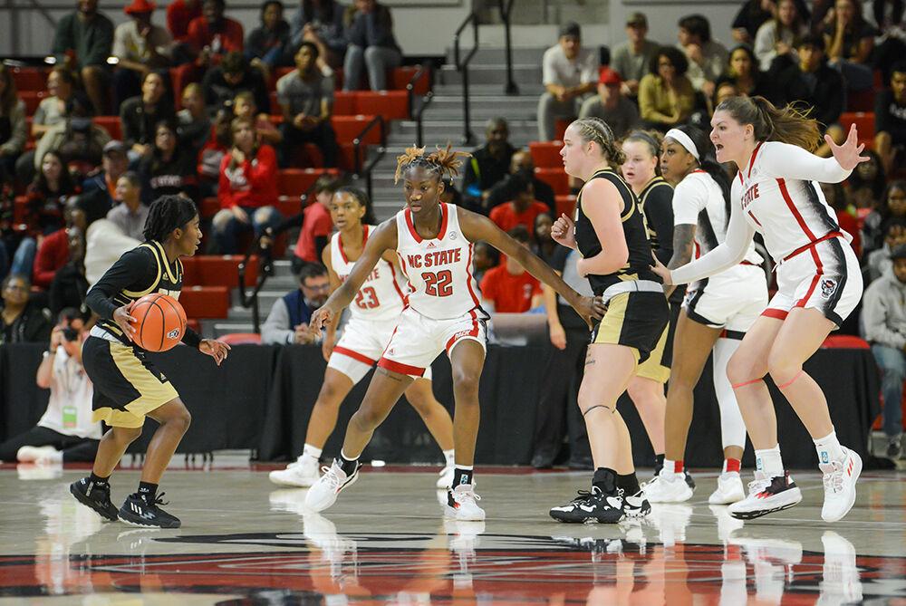 Sophomore guard Saniya Rivers guards the ball at the game against UNC-Pembroke on Thursday, Nov. 3, 2022 inside Reynolds Coliseum. Rivers made five rebounds. The Wolfpack defeated the Braves 81-22.