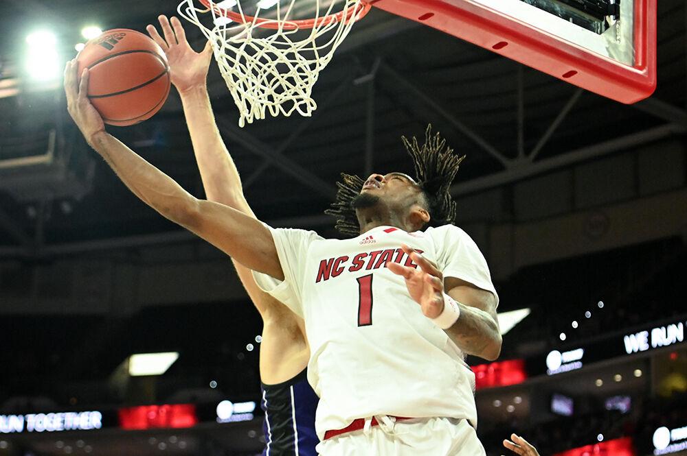 Sophomore guard Jayden Taylor shoots a layup during the game against Abilene Christian in PNC Arena on Friday, Nov. 10, 2023. Taylor led in scoring with 22 points. NC State beat Abilene Christian 84-64.
