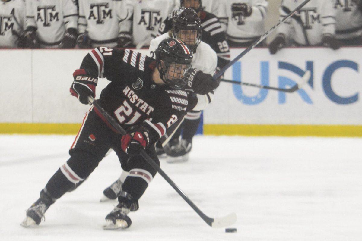 Junior forward Joey Gouveia moves down the ice with the puck during the game against Texas A&amp;M in the Invisalign Arena on Saturday, Nov. 11, 2023. The Icepack beat Texas A&amp;M 8-2.