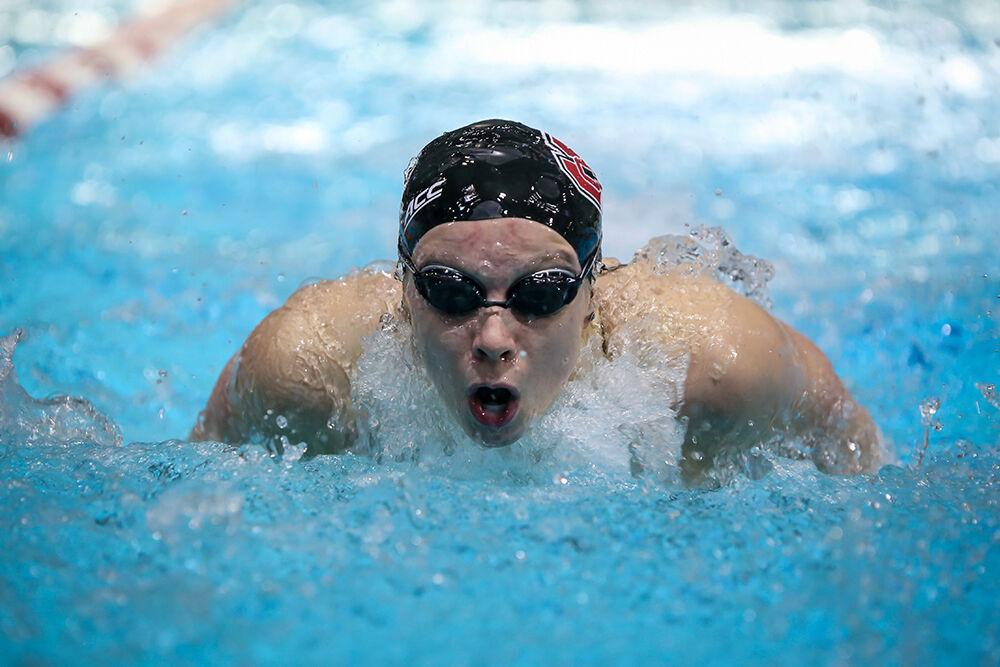 NC State sophomore Abby Arens competes in the 200-yard butterfly during the NC State Wolfpack's swimming and diving meet against the Duke Blue Devils on Saturday, Jan. 15, 2022. Arens won the race with a time of 1:58.18.&#160;The Pack women beat the Blue Devils 139-87.