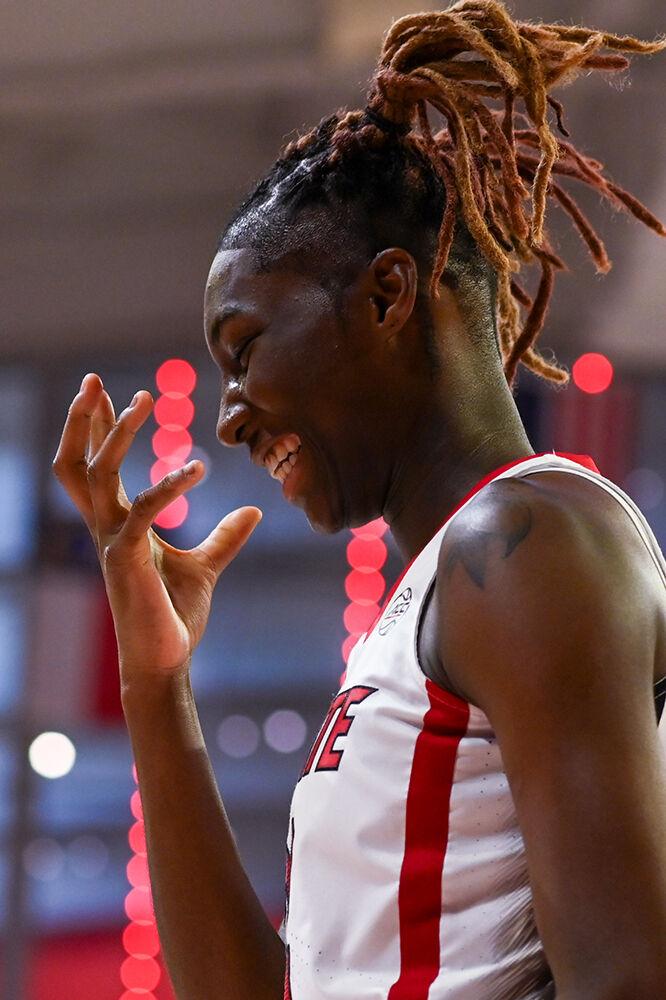Junior guard Saniya Rivers celebrates making a difficult layup during the game versus the UConn Huskies in Reynolds Coliseum on Sunday, Nov. 12, 2023. Rivers had a double double against UConn, scoring 33 points and having 10 rebounds. The Wolfpack beat the Huskies 92-81.