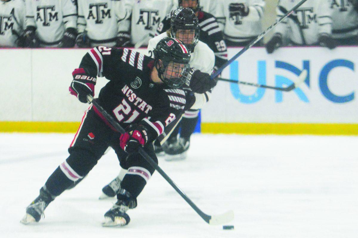 Junior forward Joey Gouveia moves down the ice with the puck during the game against Texas A&amp;M in the Invisalign Arena on Saturday, Nov. 11, 2023. The Icepack beat Texas A&amp;M 8-2.