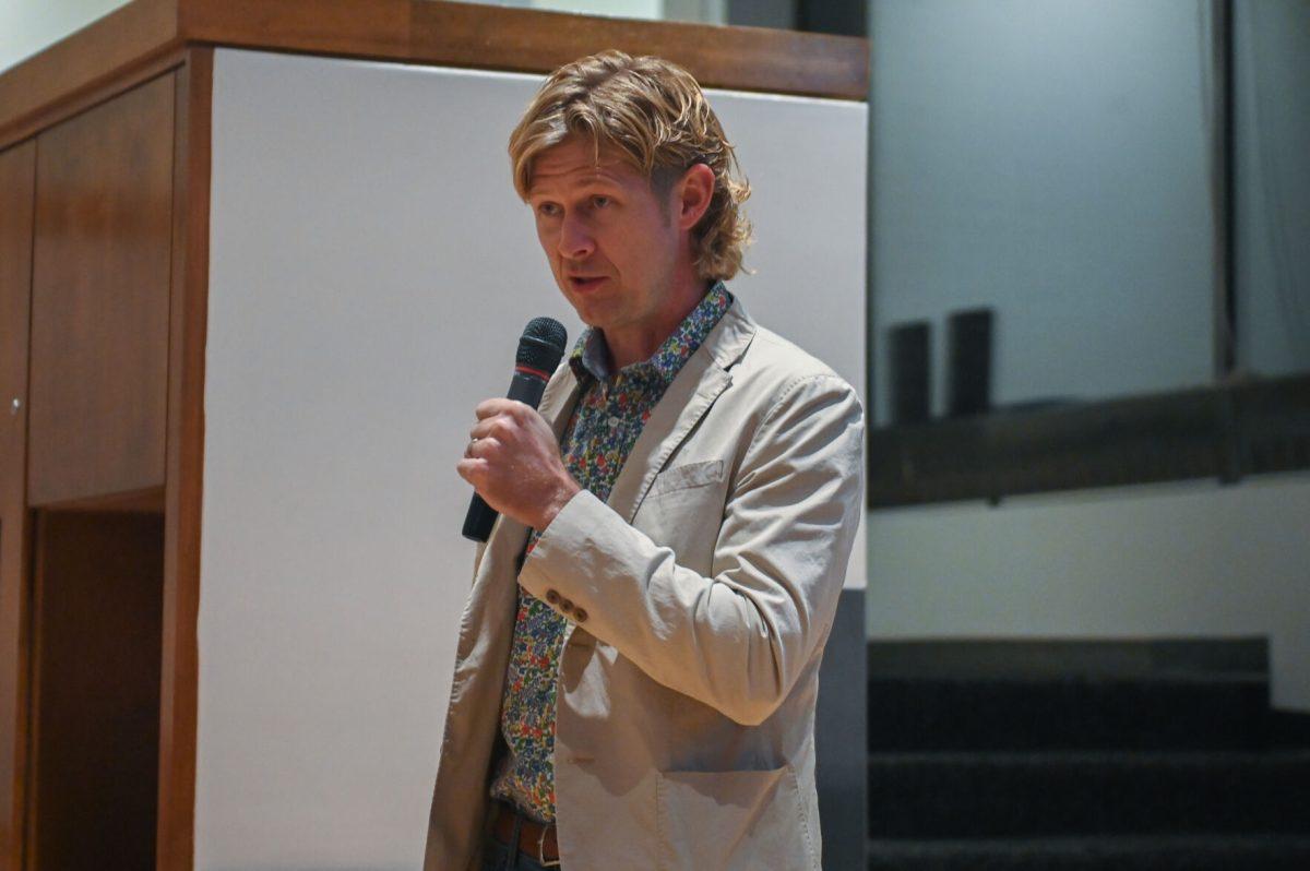 Paul Fyfe, an associate professor of English addresses the rise of AI in the classroom in Caldwell Hall on Tuesday, Oct 24, 2023. The event featured a Q&amp;A section, where attendees could ask their burning questions on AI.