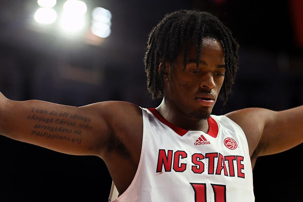 Freshman guard Dennis Parker, Jr. waits for a throw in from the Mount Olive Trojans in PNC Arena on Wednesday, Nov. 1, 2023. Parker scored eight points and had seven rebounds against Mount Olive. The Wolfpack beat the Trojans 89-79.