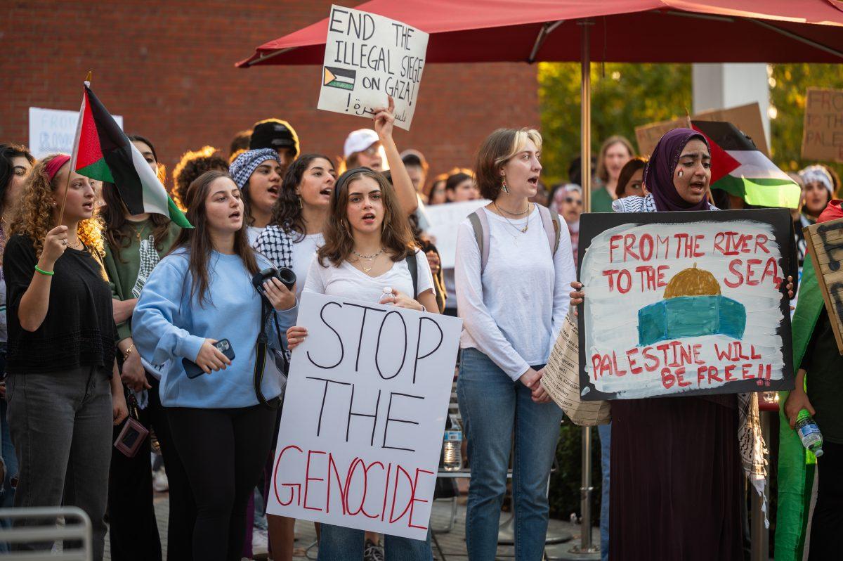 NC State students chant during the 'Shut it Down! For Palestine' protest on Thursday, Nov. 9, 2023. The protest was hosted by NC State's chapter of YDSA, the Young Democratic Socialists of America, and ASO, Arab Student Organization.
