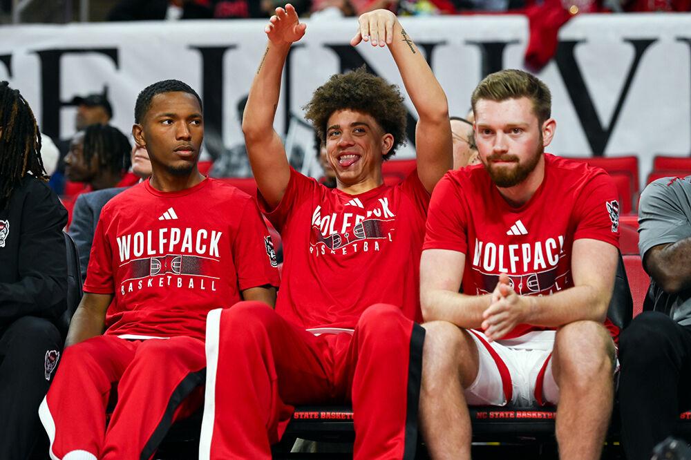 Sophomore guard Jordan Snell dances along with the music during the game versus the Mount Olive Trojans in PNC Arena on Wednesday, Nov. 1, 2023. The Wolfpack beat the Trojans 89-79.