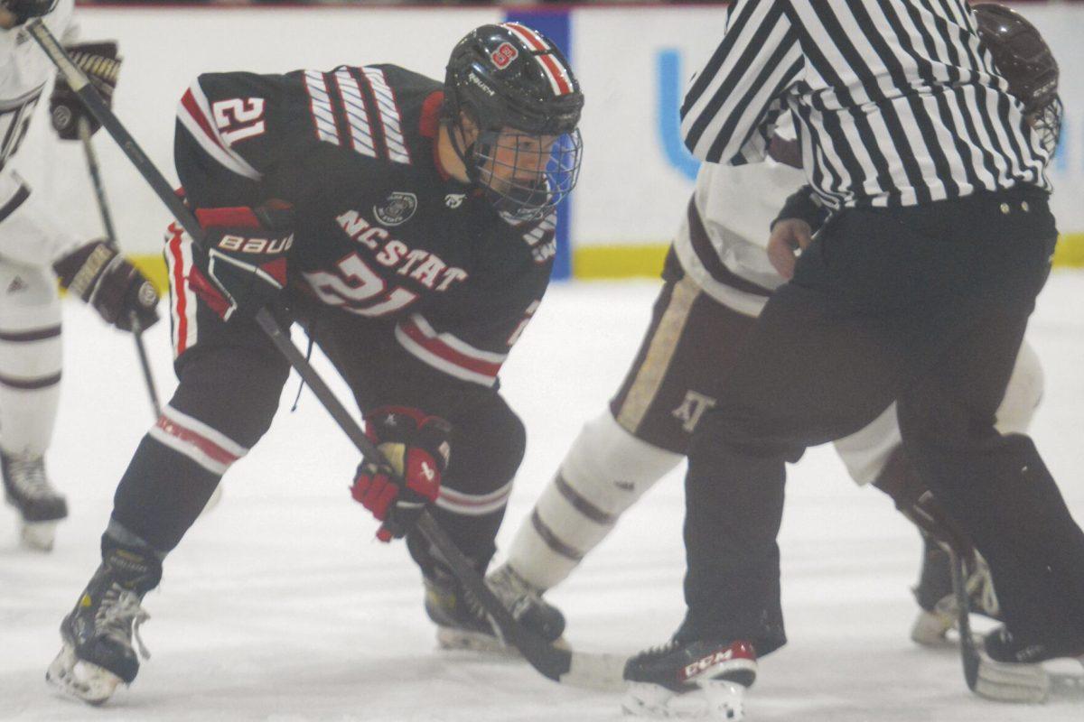Junior forward Joey Gouveia races for the puck during the game against Texas A&amp;M in the Invisalign Arena on Saturday, Nov. 11, 2023. Gouveia scored a point during the game. The Icepack beat Texas A&amp;M 8-2.