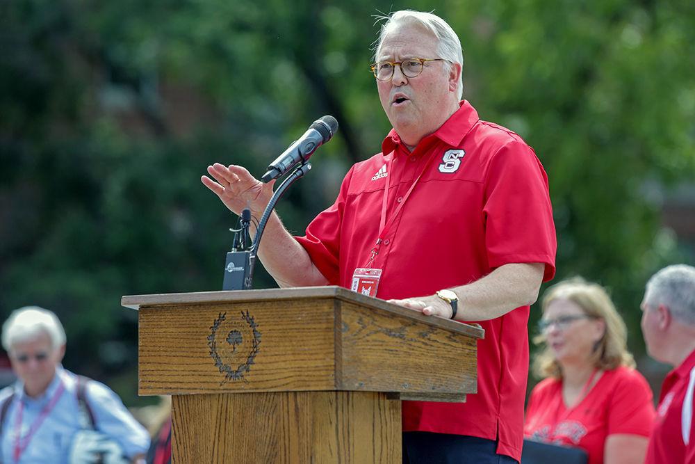 Chancellor Randy Woodson addresses the crowd during the ribbon cutting for phase two of Hillsborough Street reconstruction on Hillsborough Street on Saturday, Aug. 25, 2019.