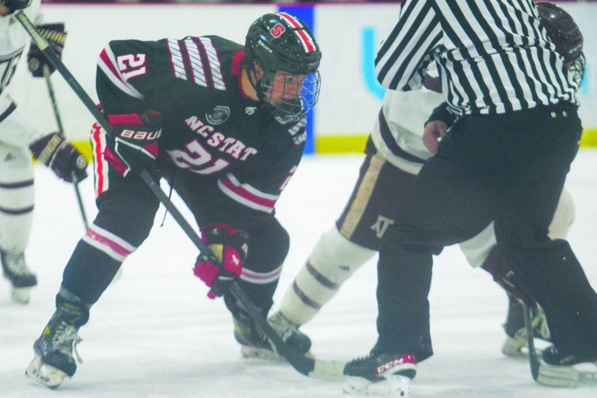 Junior forward Joey Gouveia races for the puck during the game against Texas A&amp;M in the Invisalign Arena on Saturday, Nov. 11, 2023. Gouveia scored a point during the game. The Icepack beat Texas A&amp;M 8-2.