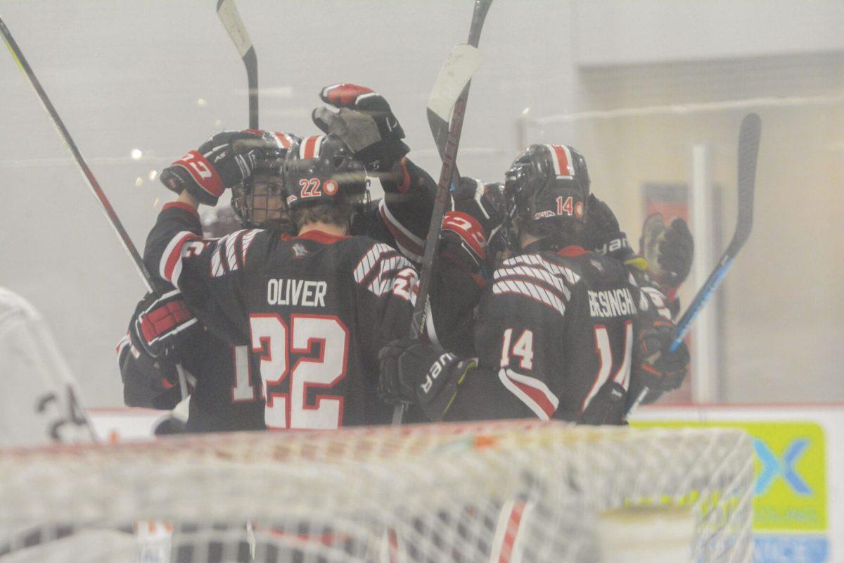 The Icepack celebrates a goal during the game against Texas A&amp;M in the Invisalign Arena on Saturday, Nov. 11, 2023. The Icepack beat Texas A&amp;M 8-2.