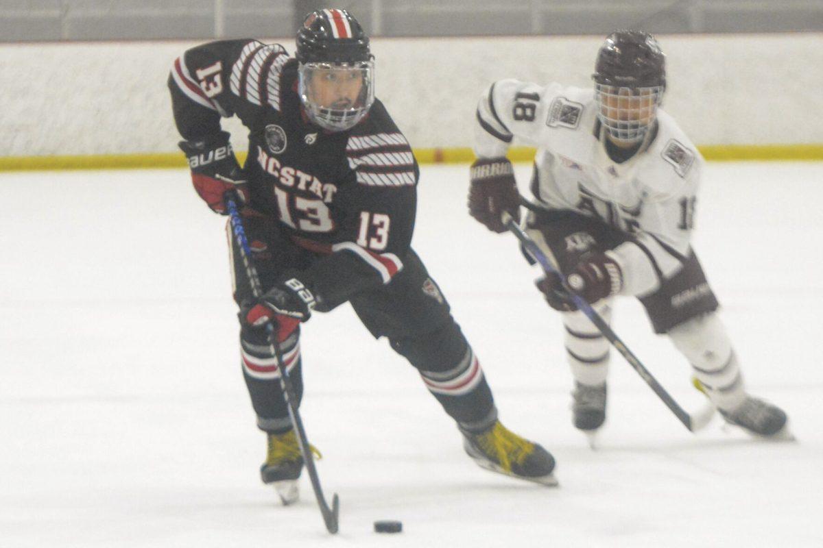 Junior defender Nick Librizzi keeps the puck away from his opponets during the game against Texas A&amp;M in the Invisalign Arena on Saturday, Nov. 11, 2023. The Icepack beat Texas A&amp;M 8-2.