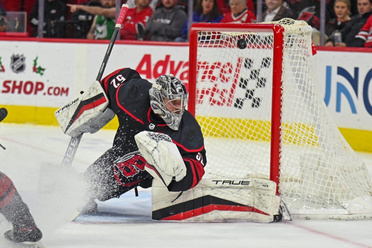 Carolina Hurricanes goalie Pyotr Kochetkov allows a goal during the game against the New York Islanders in PNC Arena on Thursday, Nov. 30, 2023. Kochetkov allowed five goals during the game. The Islanders beat the Hurricanes 5-4 in overtime.