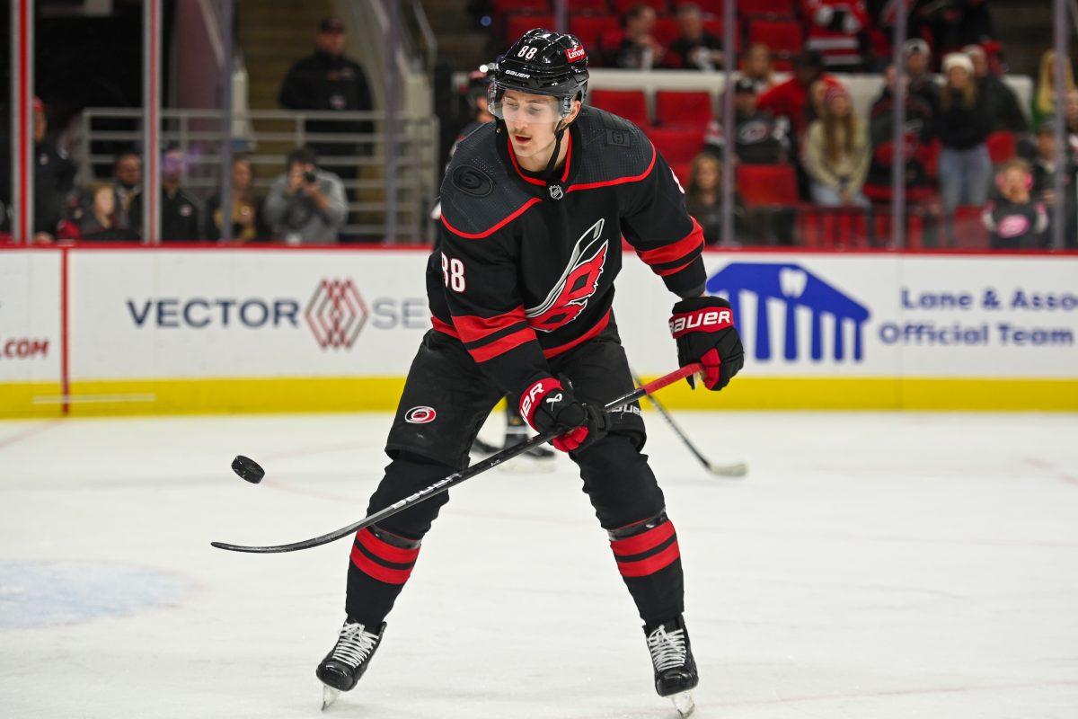 Carolina Hurricanes center Martin Necas flips a puck on his stick before the game against the New York Islanders in PNC Arena on Thursday, Nov. 30, 2023. The Islanders beat the Hurricanes 5-4 in overtime.