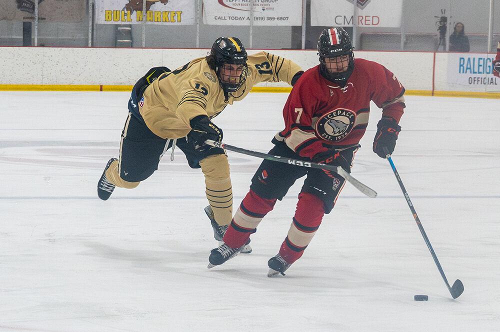 Junior forward Zack Robinson moves the puck forward during the game against Wake Forest at Invisalign on Friday, January 19, 2024. NC State beat Wake Forest 7-2.