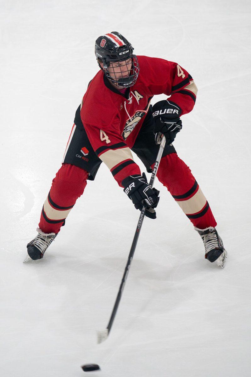 Senior defender Jackson Cowen moves the puck during the game against Wake Forest at Invisalign on Friday, January 19, 2024. NC State beat Wake Forest 7-2.