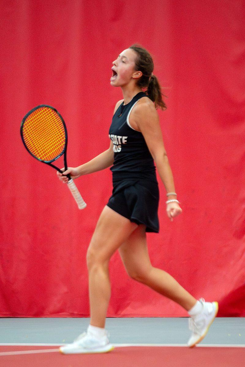 Sophomore Anna Zyryanova celebrates during the match against North Carolina Central at J.W. Isenhour Tennis Center on Saturday, Jan. 20, 2024.&#160;Zyryanova won her singles match 6-4, 6-2. NC State beat NC Central 7-0.