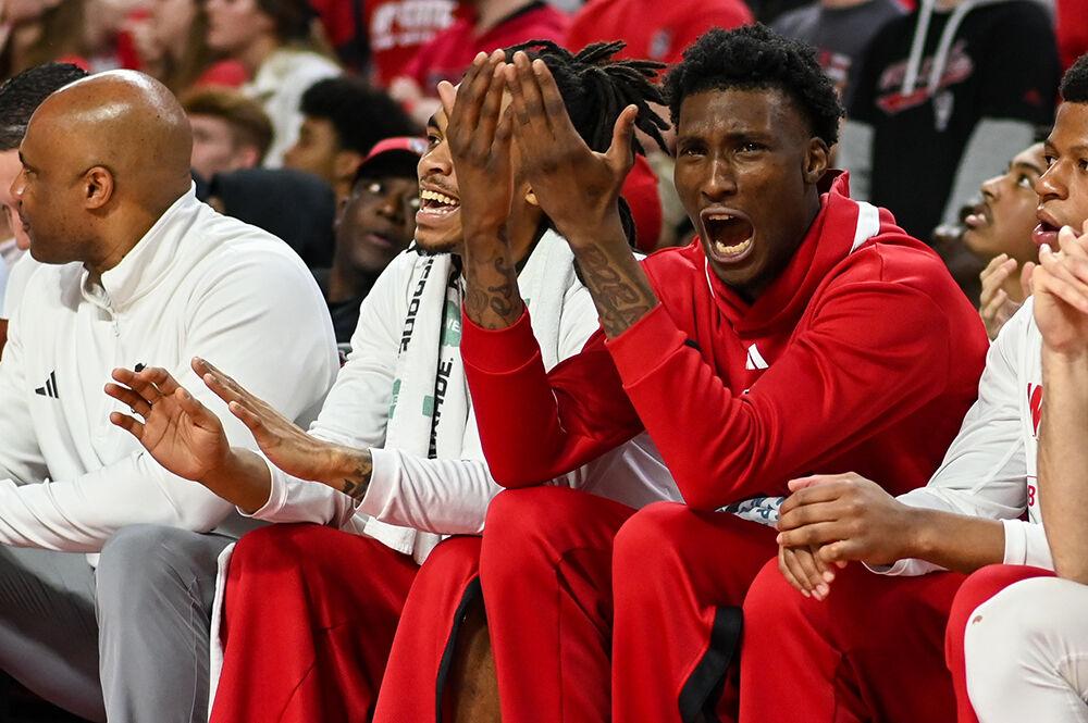 Junior forward Ernest Ross questions a call by the referees during the game versus the Wake Forest Demon Deacons in PNC Arena on Tuesday, Jan. 16, 2024. The Wolfpack beat the Demon Deacons 83-76.