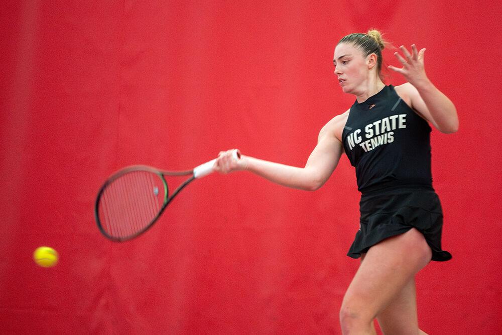 Senior Amelia Rajecki forehands the ball during the match against North Carolina Central at J.W. Isenhour Tennis Center on Saturday, Jan. 20, 2024. Rajecki won her singles match 6-3, 6-2. NC State beat NC Central 7-0.
