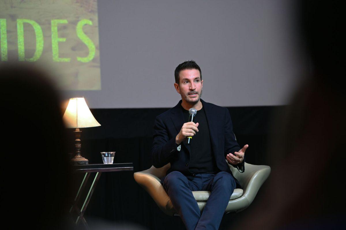 Alex Michaelides, #1 New York Times bestselling author of "The Silent Patient," speaks about his new book "The Fury" during the Author Event in Witherspoon Student Center on Wednesday, Jan. 24, 2024. Michaelides addressed questions from the audience later in the event.