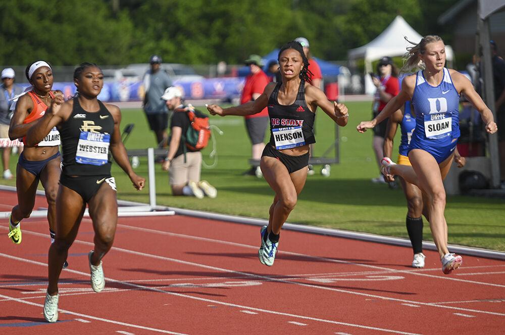 Junior sprinter Ally Henson pushes through the finish line during the outdoor track ACC championships at the&#160;Paul Derr Track and Field Facility on Friday, May 12, 2023. Henson holds the fifth-best time in NC State history after running at 13.47 in the 100m hurdles preliminaries.