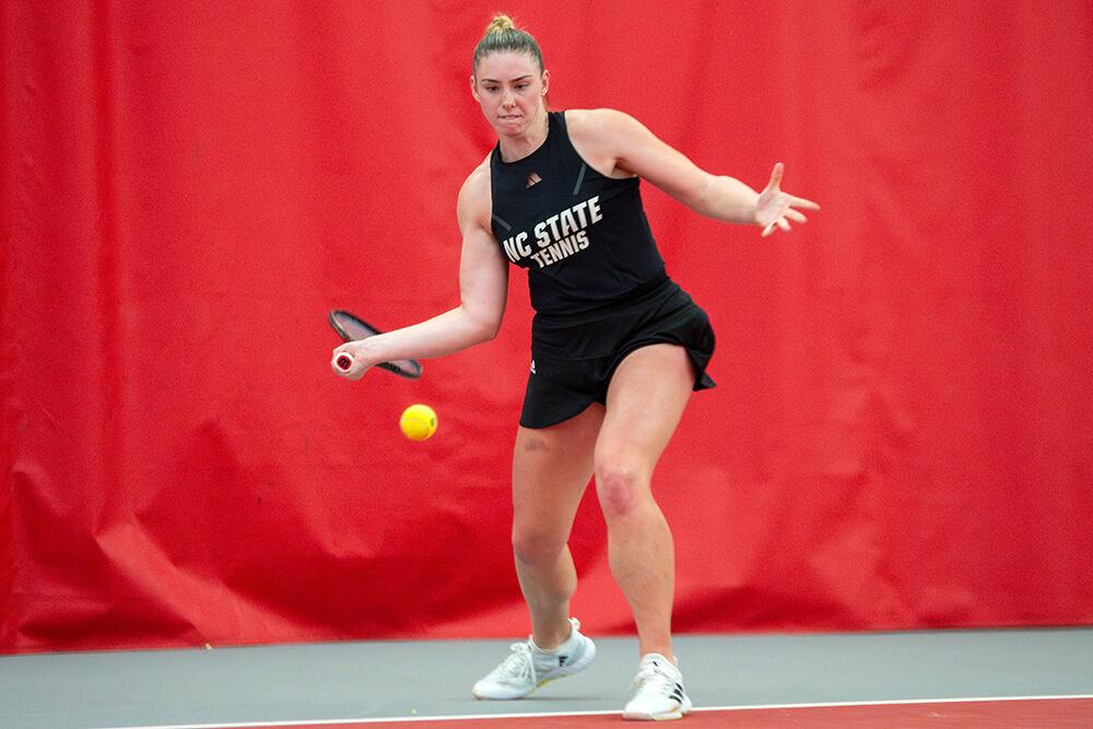 Senior Amelia Rajecki forehands the ball during the match against North Carolina Central at J.W. Isenhour Tennis Center on Saturday, Jan. 20, 2024. Rajecki won her singles match 6-3, 6-2. NC State beat NC Central 7-0.