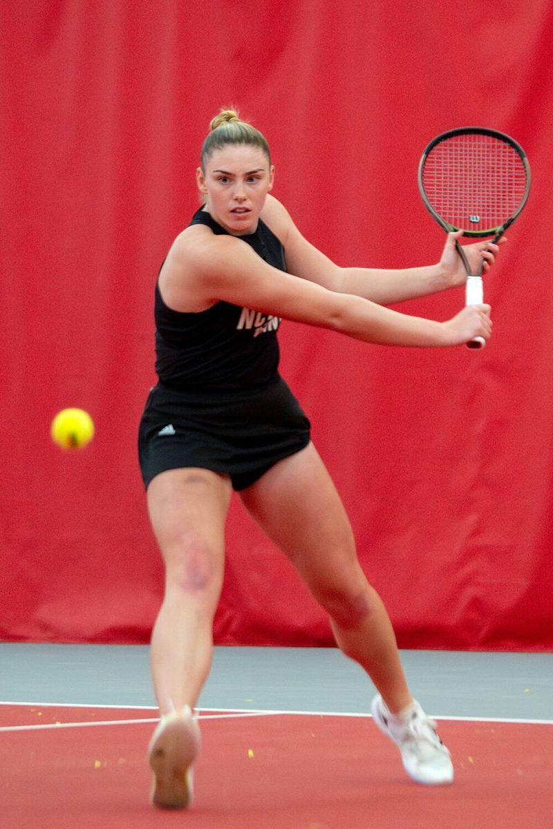 Senior Amelia Rajecki prepares to backhand the ball during the match against North Carolina Central at J.W. Isenhour Tennis Center on Saturday, Jan. 20, 2024. Rajecki won her singles match 6-3, 6-2. NC State beat NC Central 7-0.