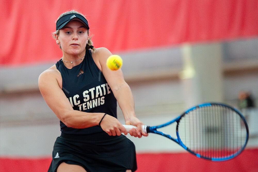 Freshman Gabriella Broadfoot forehands the ball during the match against North Carolina Central at J.W. Isenhour Tennis Center on Saturday, Jan. 20, 2024. Broadfoot won her singles match 6-0, 6-0. NC State beat NC Central 7-0.