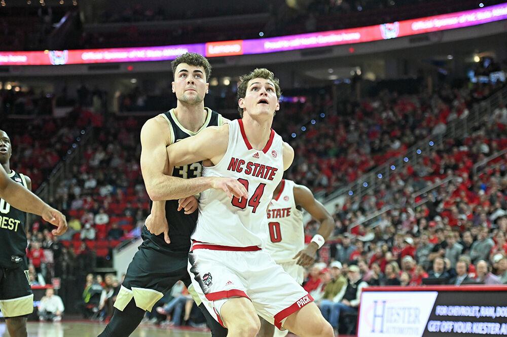 Junior forward Ben Middlebrooks boxes out for a rebound during the game against Wake Forest in PNC Arena on Tuesday, Jan. 16, 2024. Middlebrooks finished the game with six rebounds. The Wolfpack defeated the Demon Deacons 83-76.