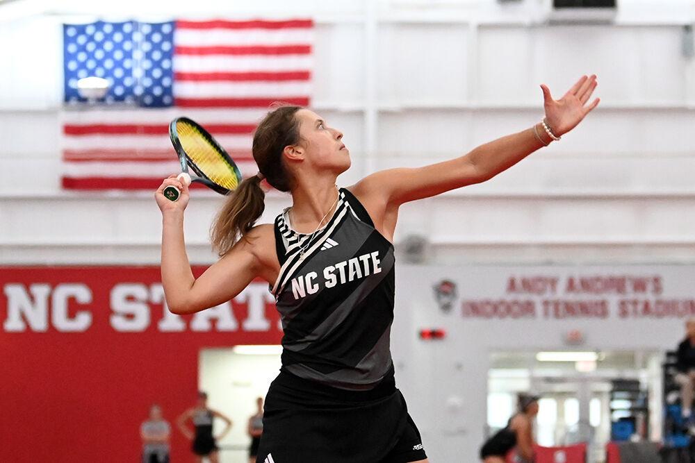 Sophomore Anna Zyryanova prepares to return the ball during the match against Clemson at J.W. Isenhour Tennis Center on Sunday, Jan. 28, 2024. Zyryanova won both her singles and doubles matches. NC State beat Clemson 4-0.