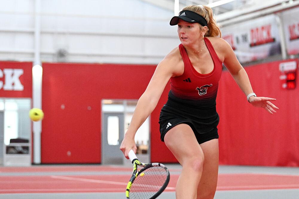 Freshman Maddy Zampardo forehands the ball during the match against SMU at J.W. Isenhour Tennis Center on Monday, Jan. 15, 2024. Zampardo won both her singles and doubles matches. NC State defeated SMU 7-0.