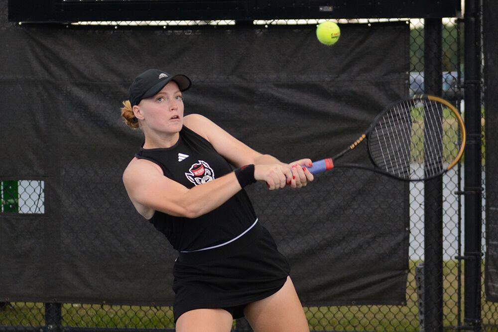 Junior Sophie Abrams backhands the ball during the NCAA Championship match against UNC-Chapel Hill at USTA National Campus in Orlando, Florida on Saturday, May 20, 2023. The Wolfpack lost to the Tar Heels 4-1.