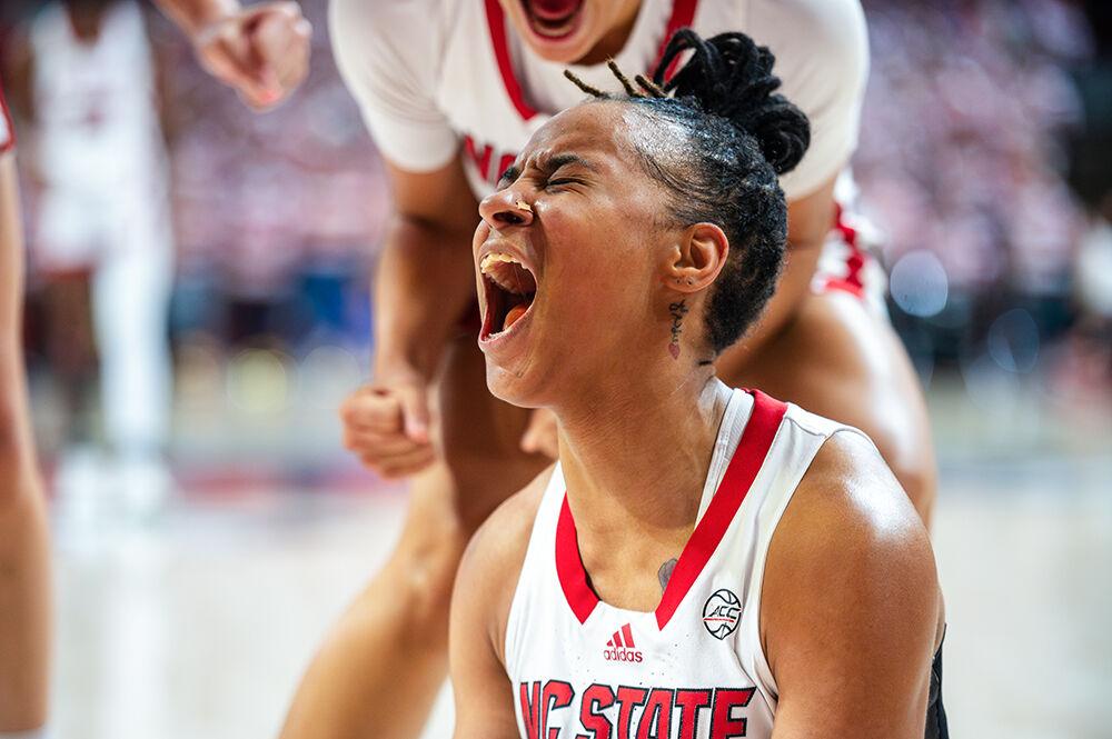 Junior guard Aziaha James celebrates after scoring during the game against Duke in Reynolds Coliseum on Sunday, Jan. 21, 2024. James had two assists and scored 33 points for the Wolfpack.&#160;The Wolfpack beat the Blue Devils 72-57.