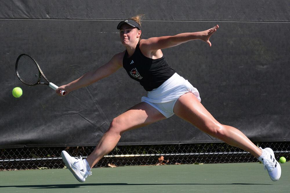 Senior Amelia Rajecki lunges for the ball during her singles match against Irina Cantos Siemers of Ohio State during the College Ranked Spotlight at Cary Tennis Park on Sunday, Sept. 24, 2023. Rajecki won the match 7-6(6), 6-4.